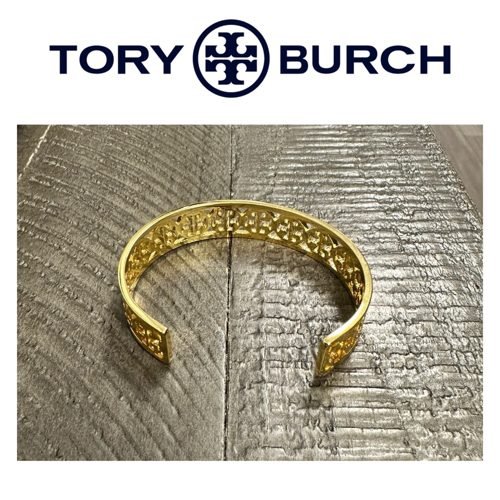 NWT Tory Burch Gold Tone Cutout Logo Cuff Bracelet - Picture 3 of 5